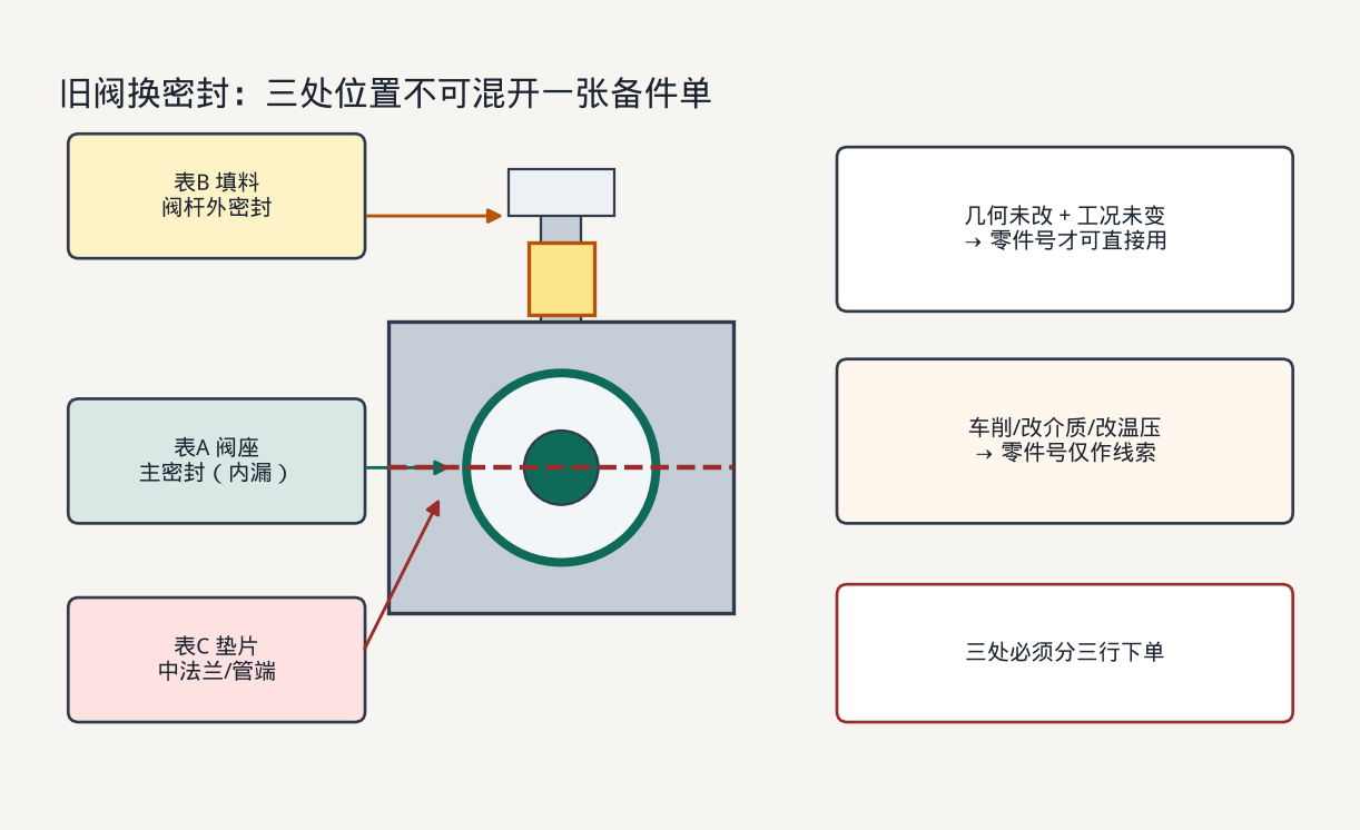 阀座、填料、垫片三处密封位置示意