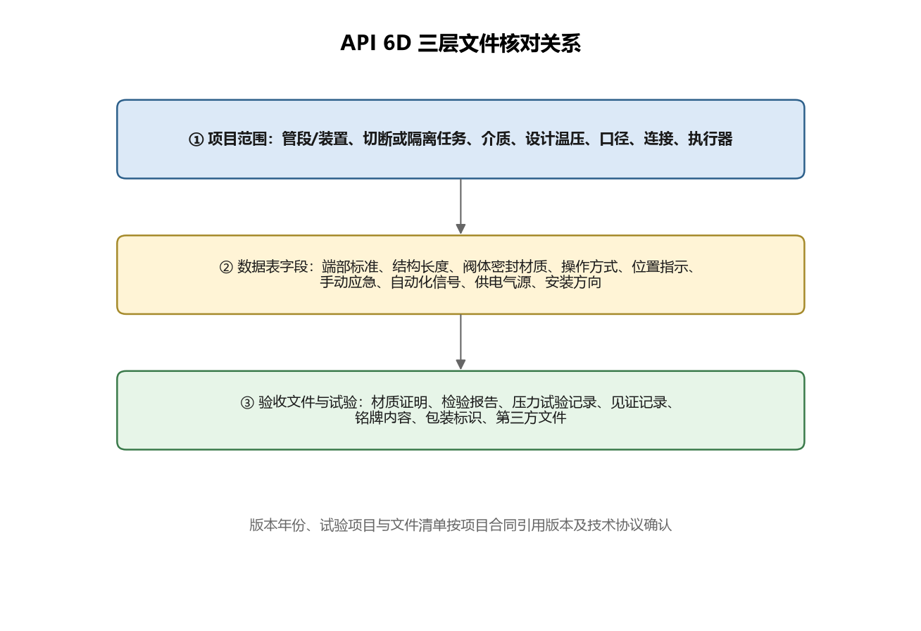 API 6D 规格书、采购文件与验收边界三层关系